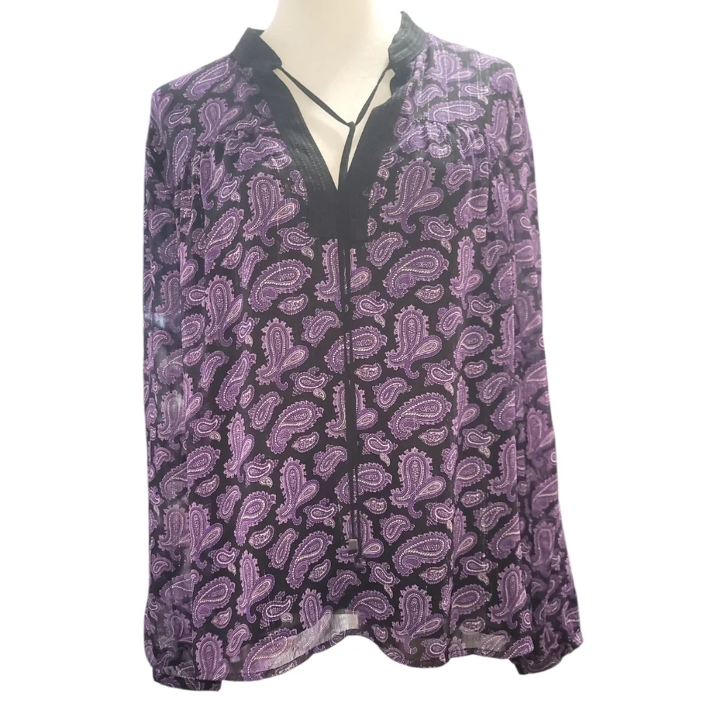 Michael kors Purple black Paisley sheer long sleeve Top blouse xl